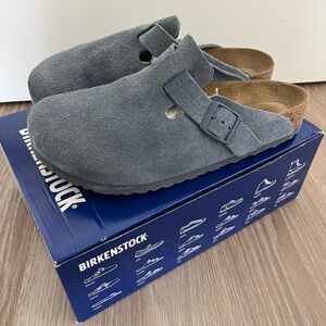 Birkenstock Slate Baby Blue Suede Clogs
